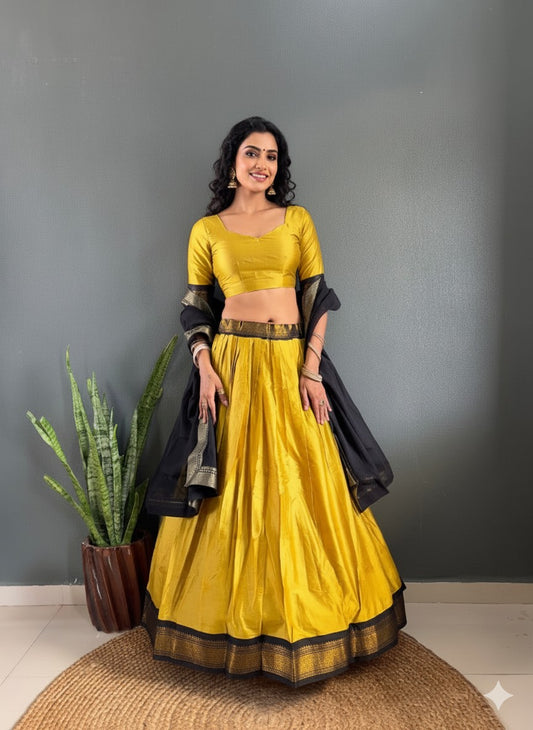 Mustard Yellow & Black Woven Cotton Lehenga Set