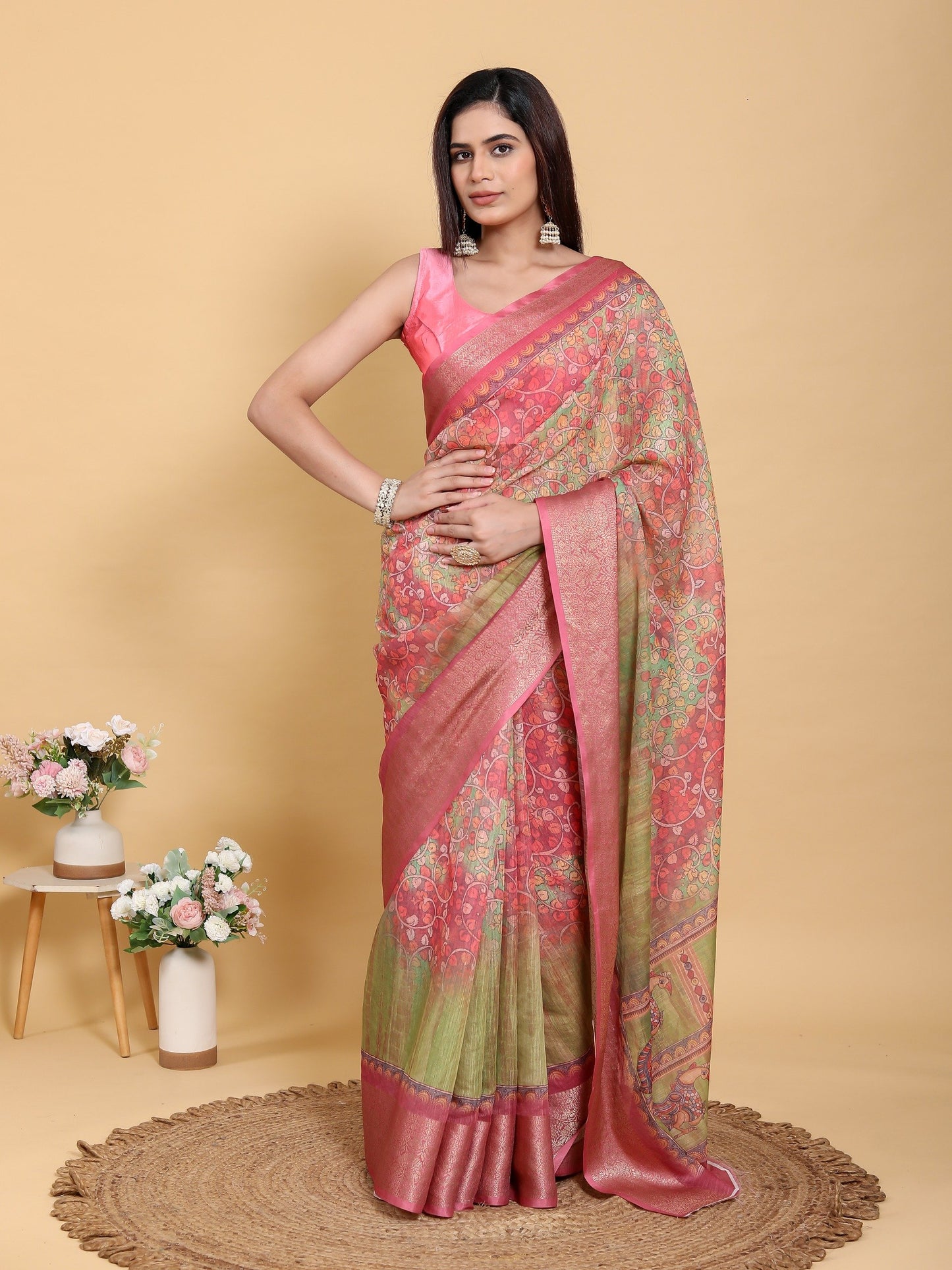 Elegant Pink-Green Jacquard Linen Cotton Saree