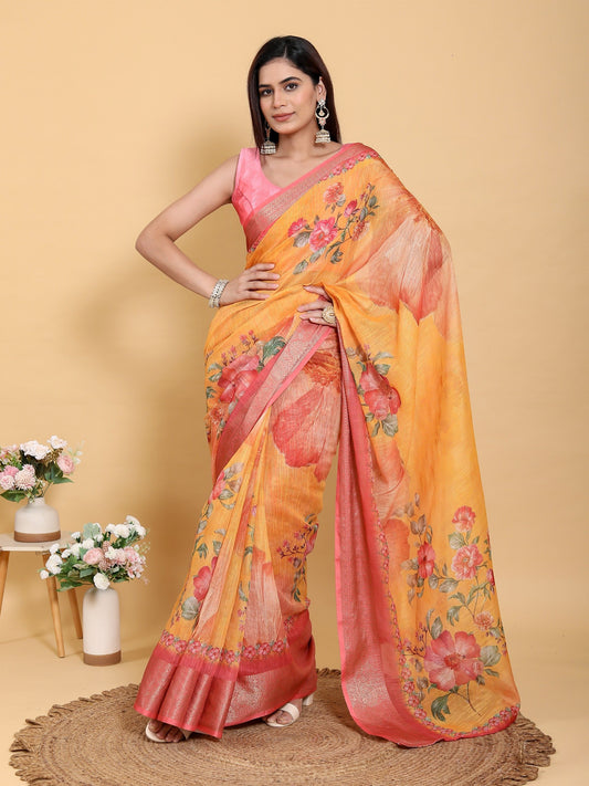 Vibrant Sunshine Yellow Floral Print Linen Cotton Saree