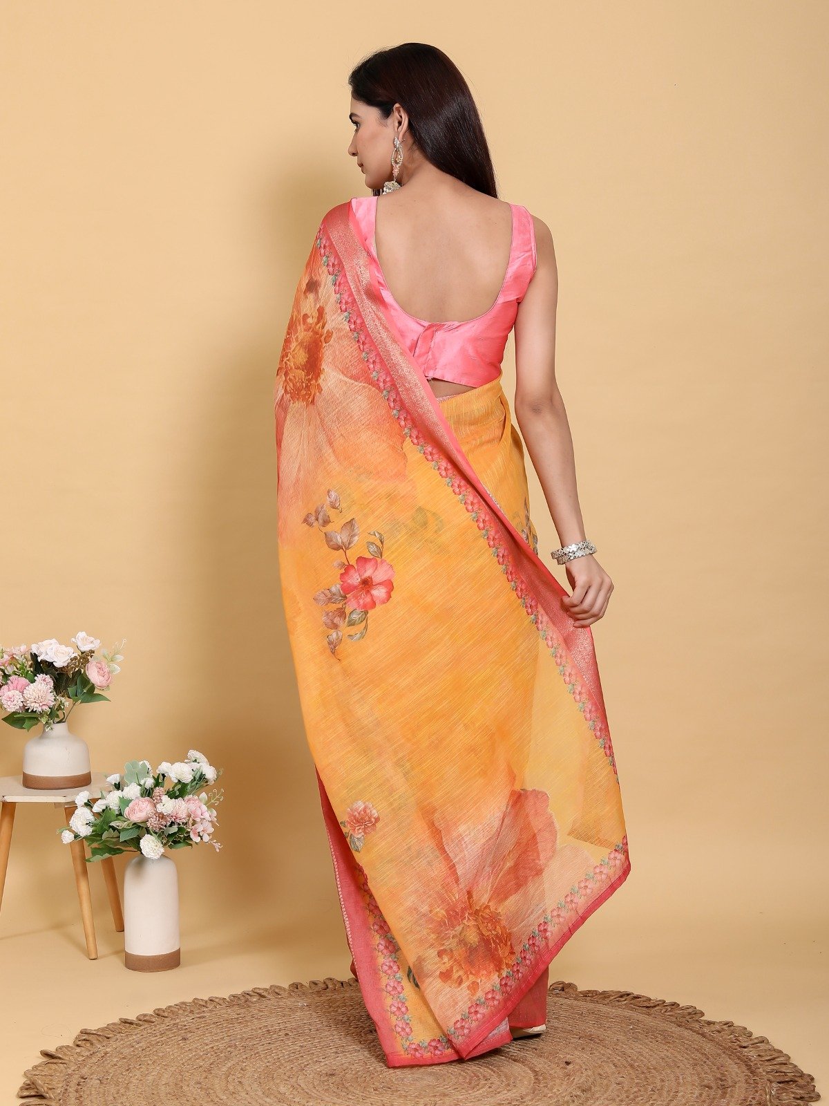 Vibrant Sunshine Yellow Floral Print Linen Cotton Saree