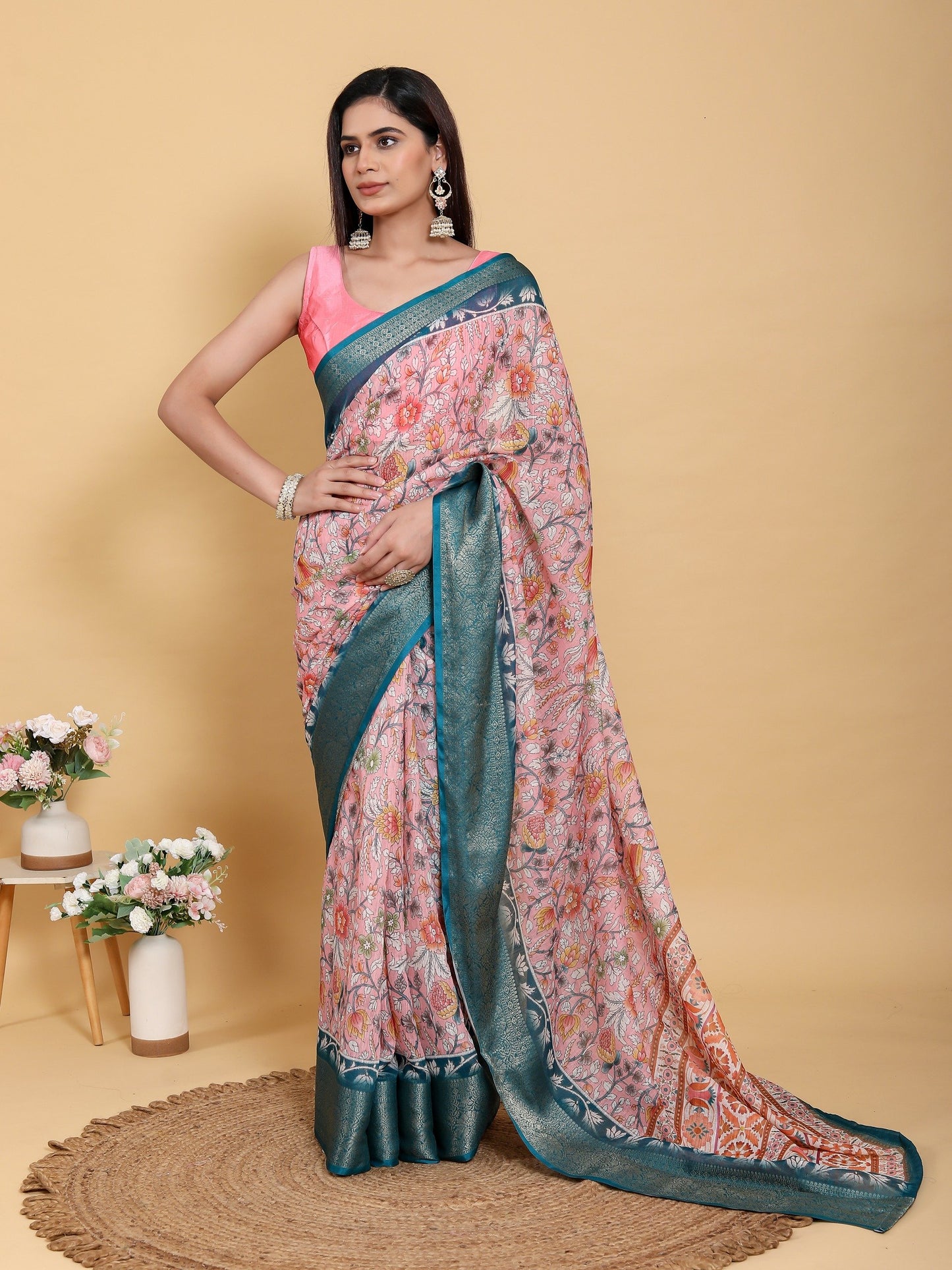 Elegant Pink Floral Print Linen Cotton Saree