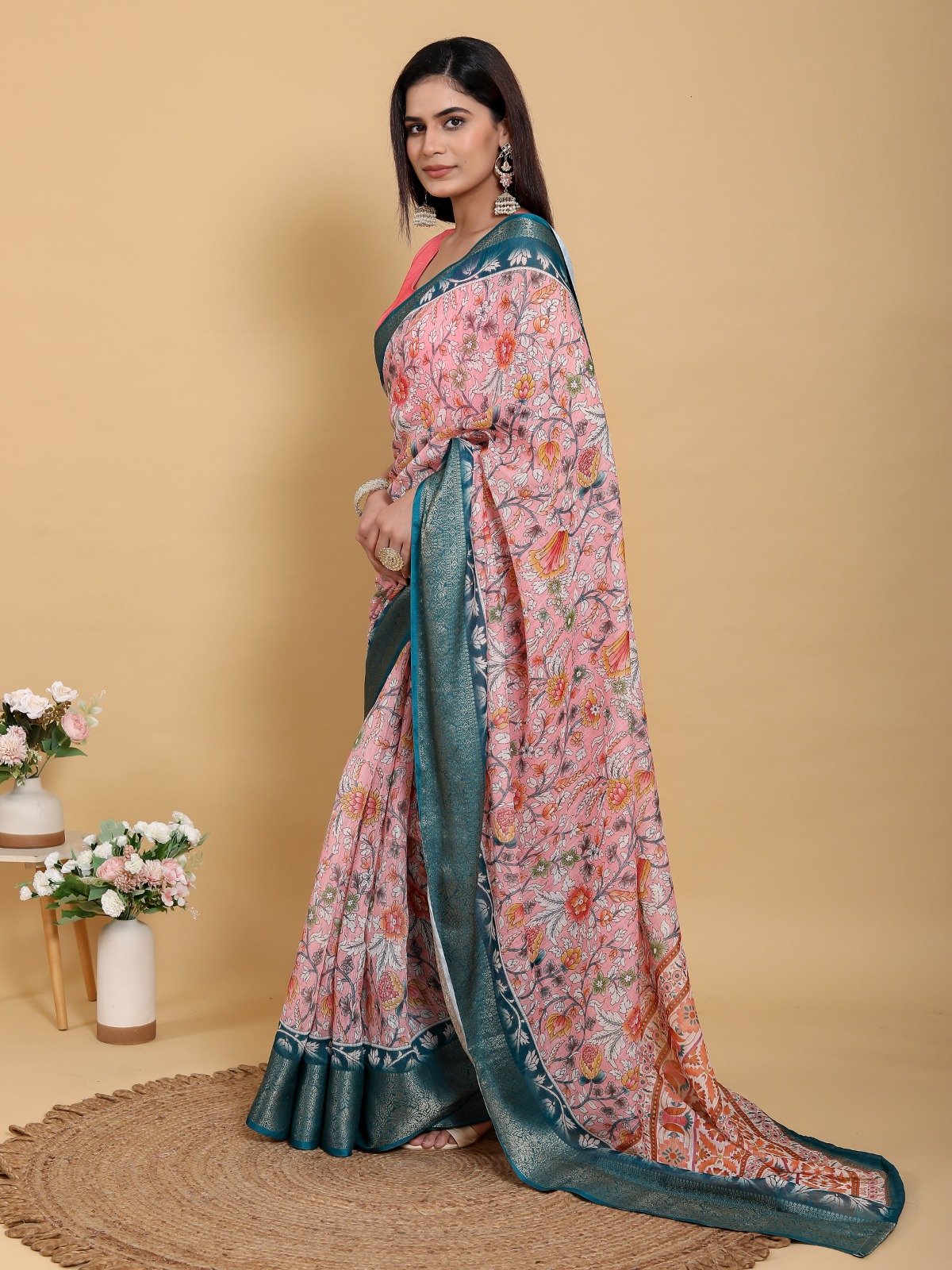 Elegant Pink Floral Print Linen Cotton Saree