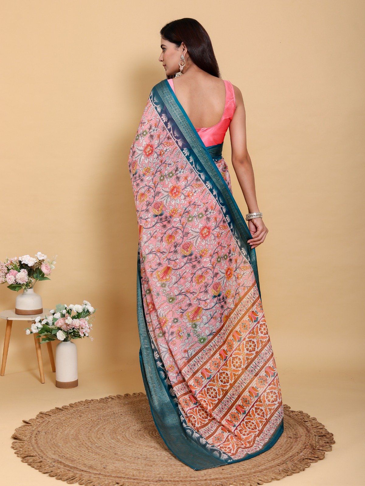 Elegant Pink Floral Print Linen Cotton Saree