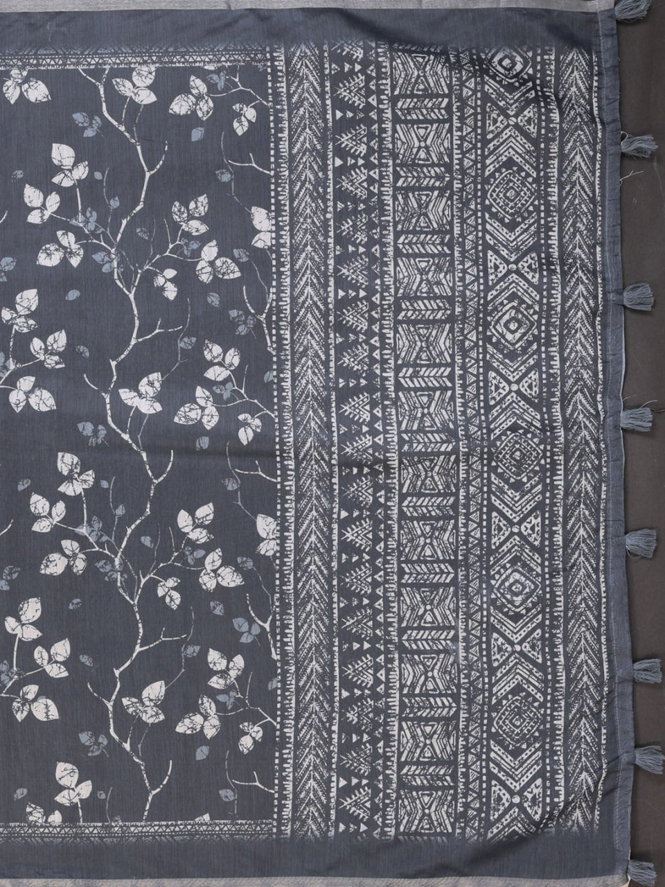 Charcoal Grey Floral Printed Chanderi Saree