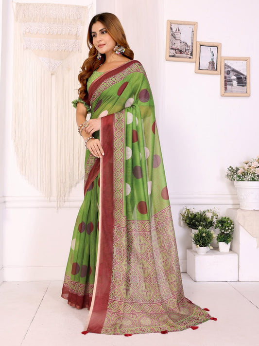 Green & Maroon Polka Dot Printed Chanderi Saree