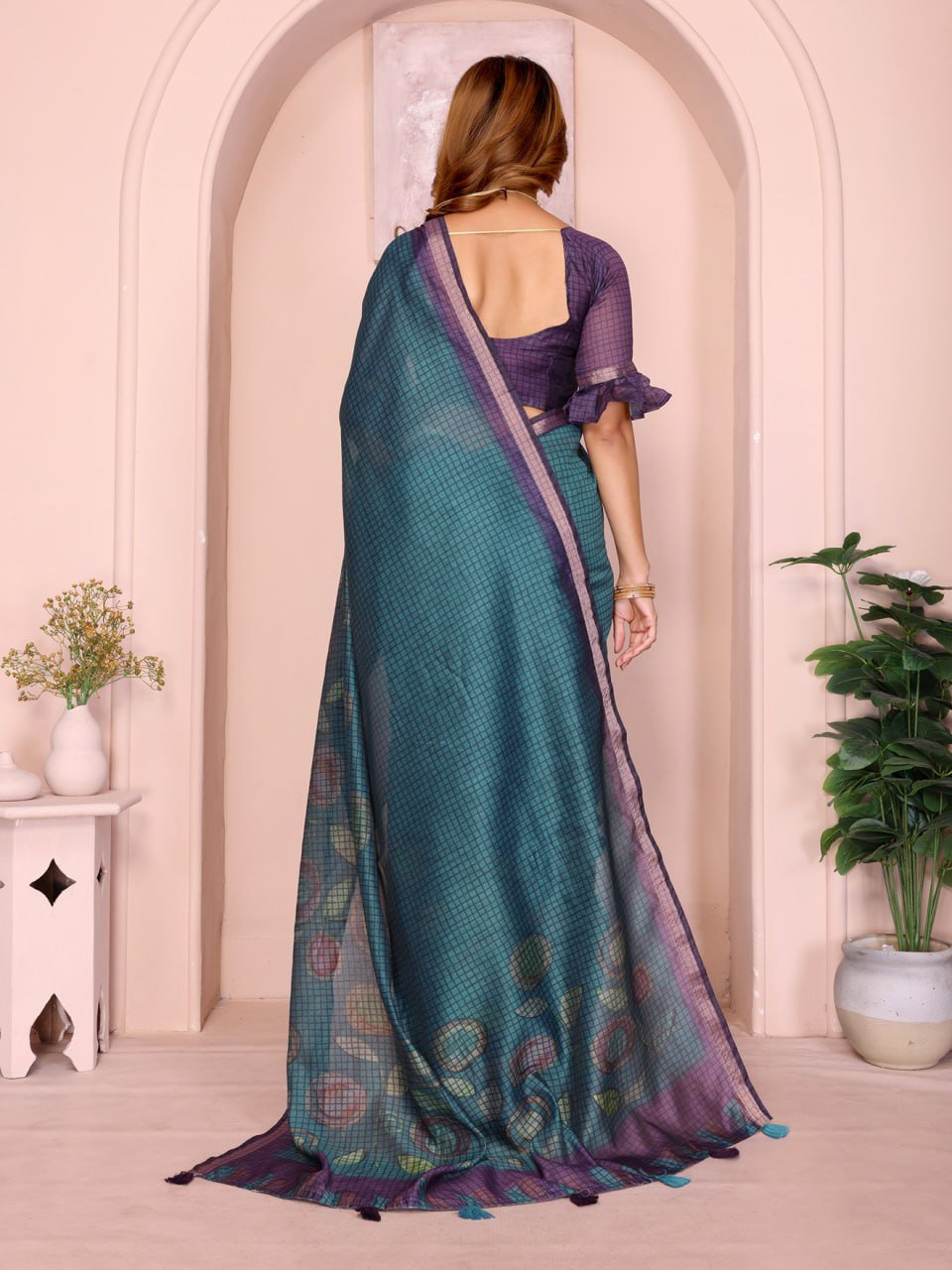 Teal Blue & Purple Black Chanderi Saree