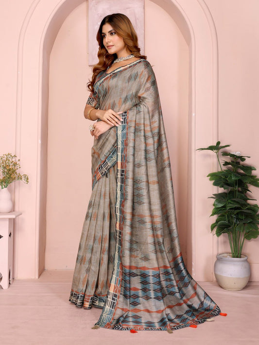 Grey & Rust Patterned Black Chanderi Saree