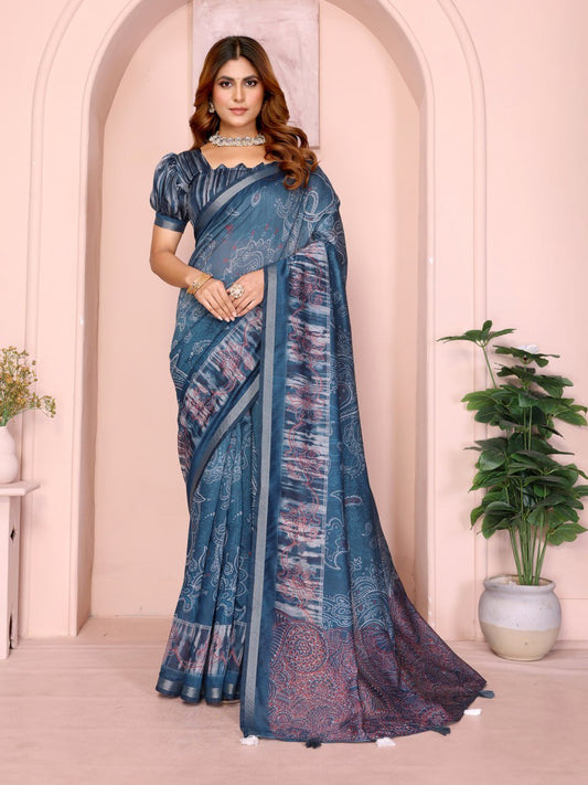 Blue Printed Black Chanderi Saree