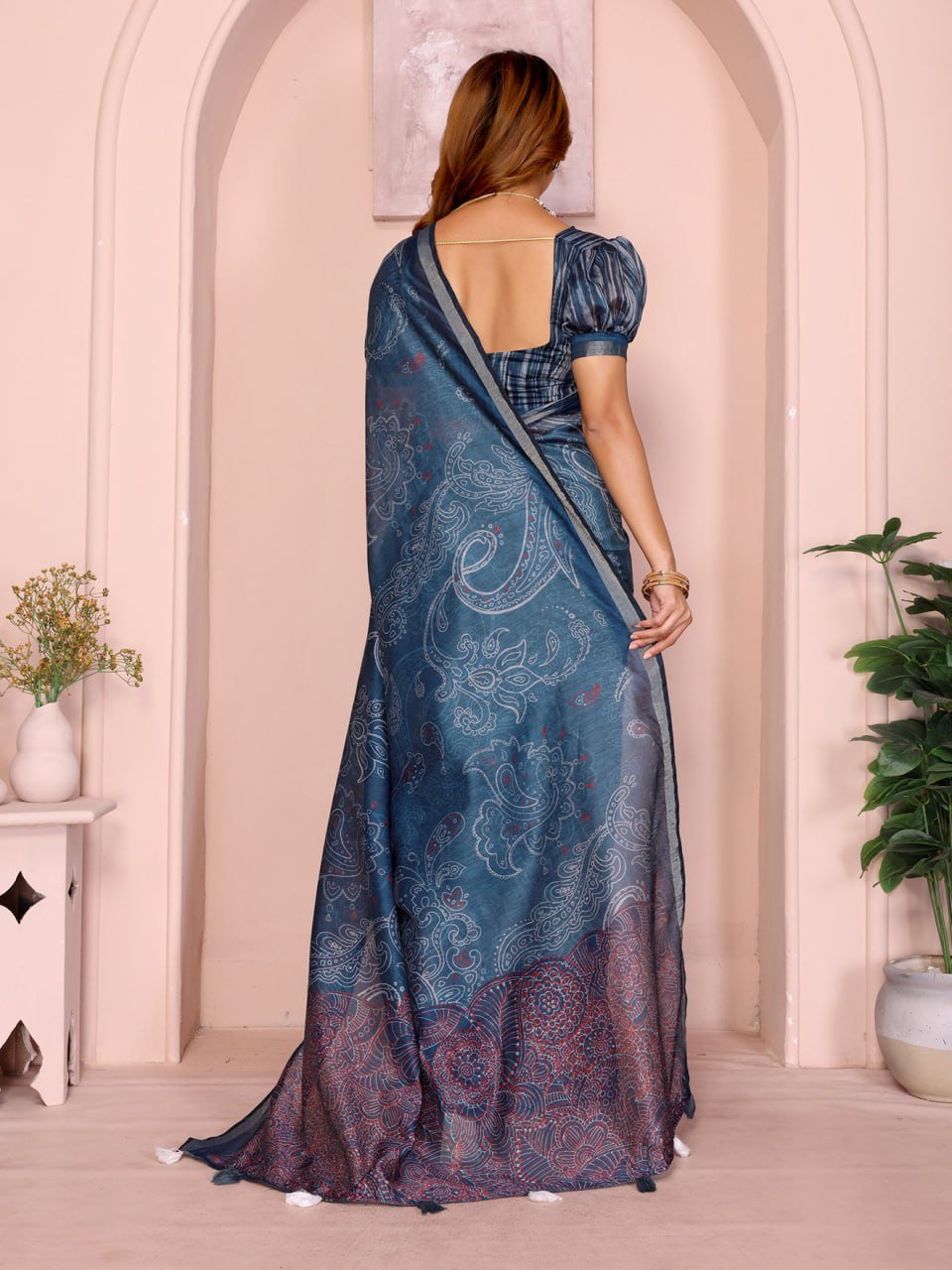 Blue Printed Black Chanderi Saree
