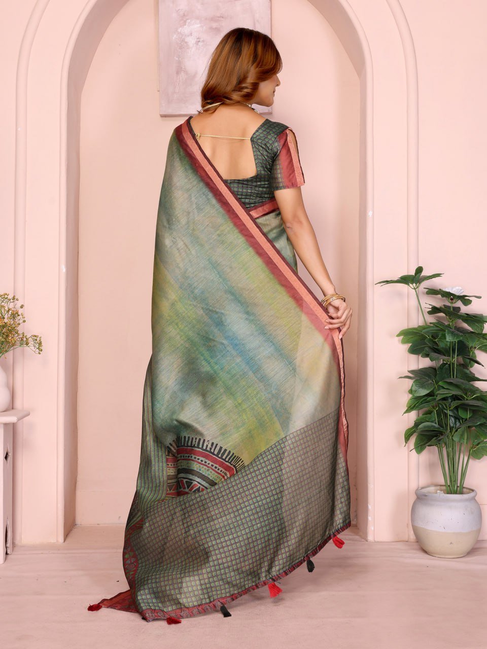 Green & Maroon Black Chanderi Saree