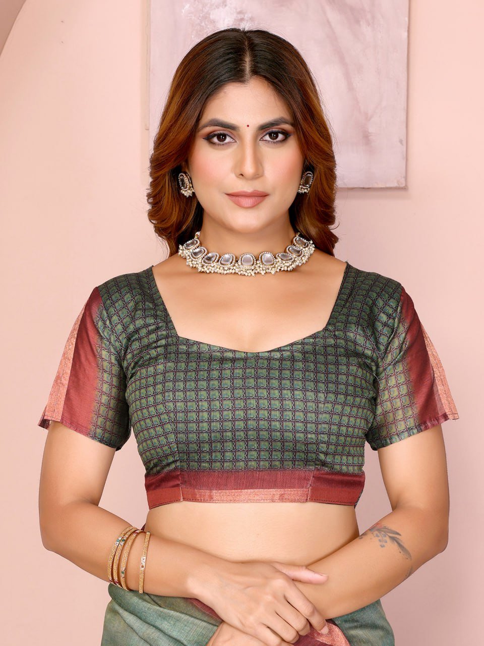 Green & Maroon Black Chanderi Saree