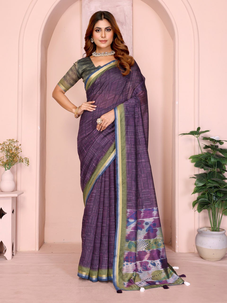 Purple & Green Black Chanderi Saree