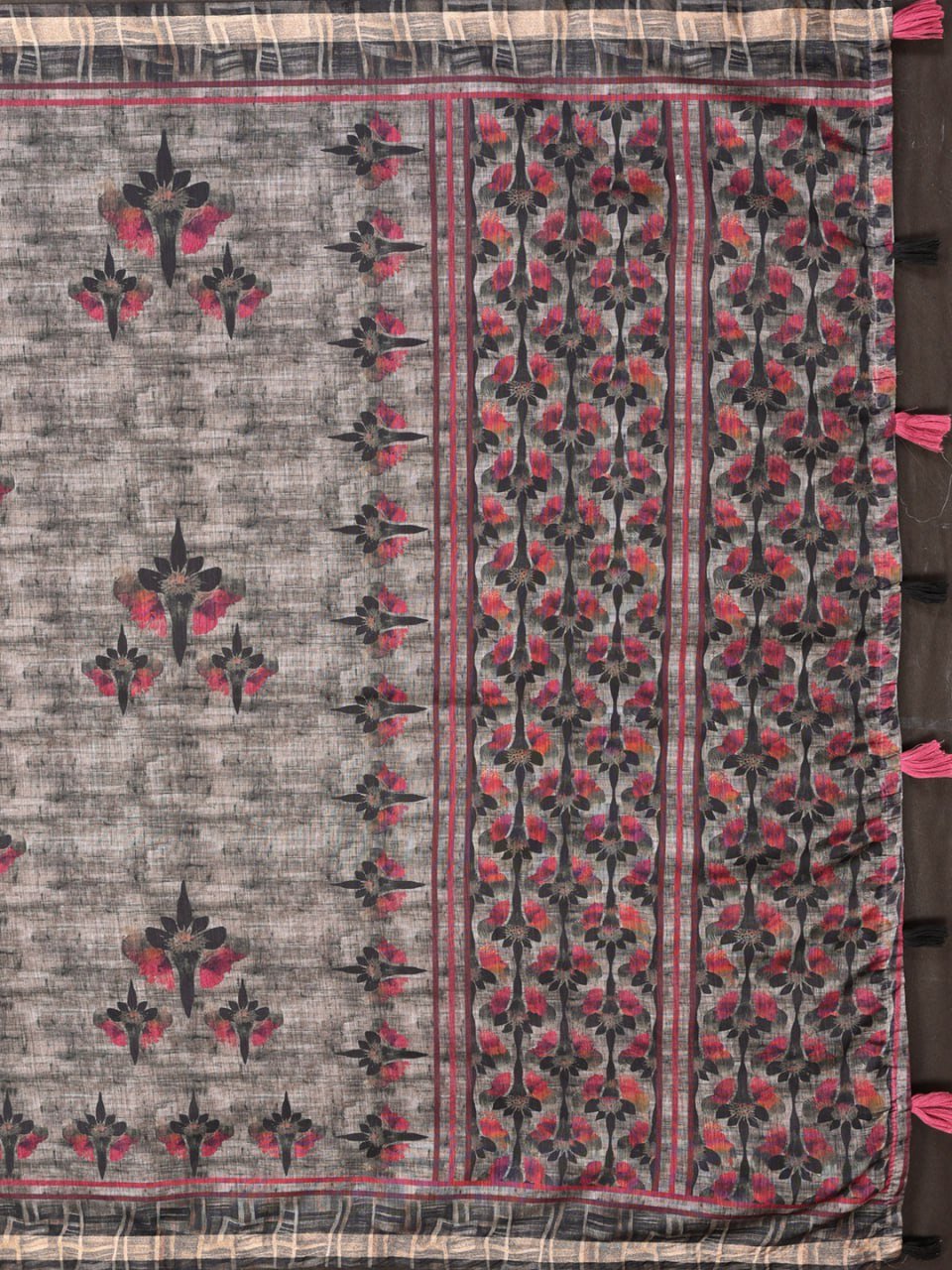 Grey & Black Floral Black Chanderi Saree