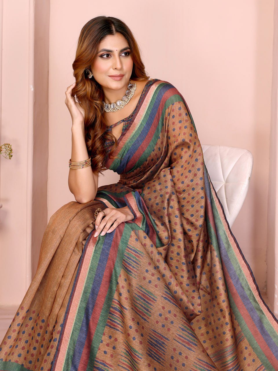 Mustard Brown Geometric Black Chanderi Saree