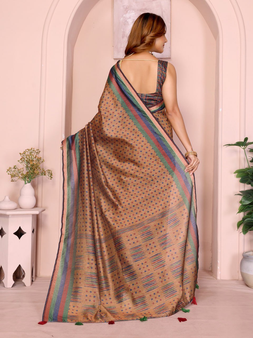 Mustard Brown Geometric Black Chanderi Saree