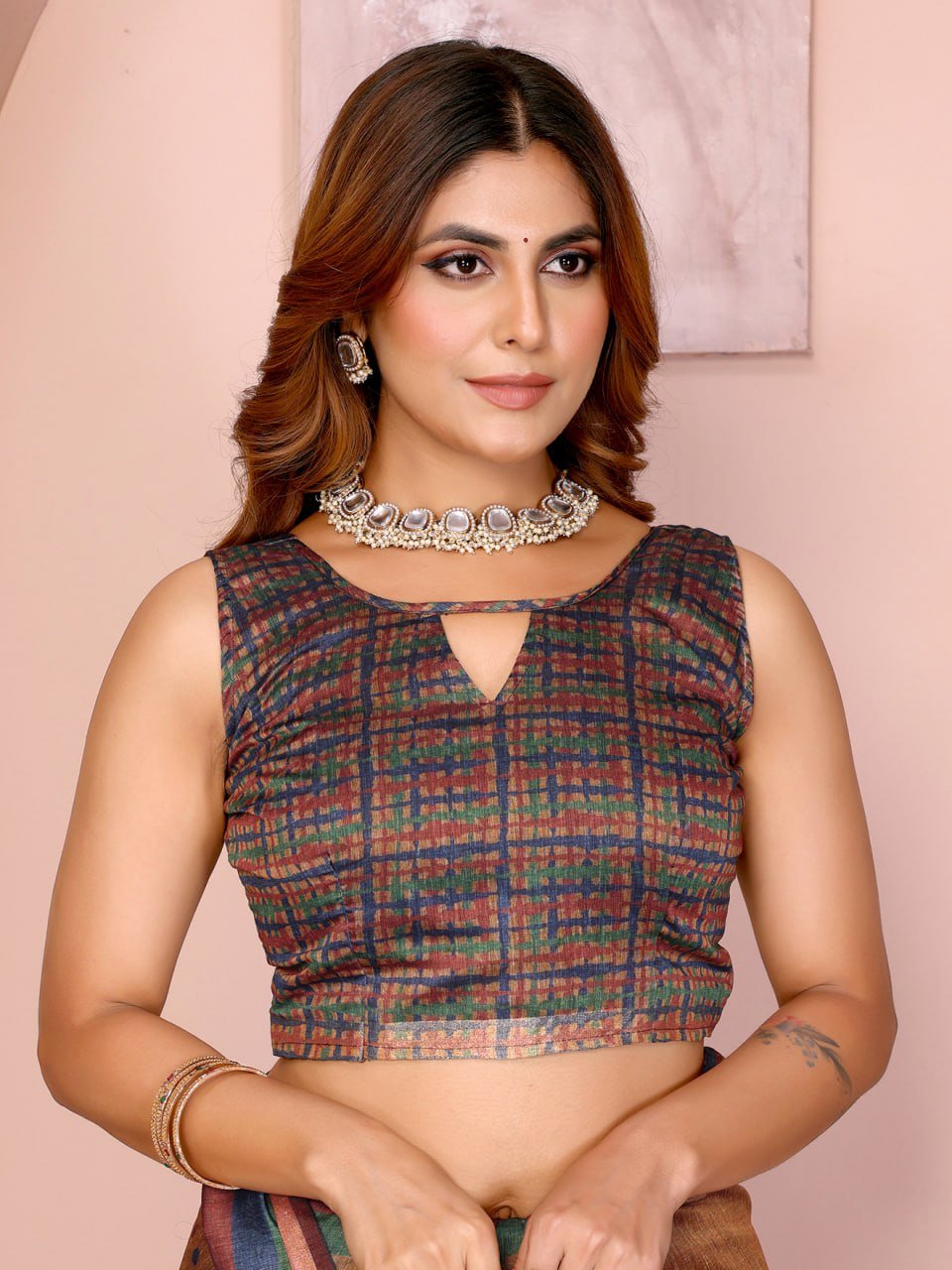 Mustard Brown Geometric Black Chanderi Saree