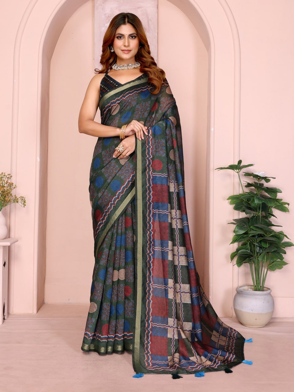 Dark Green Multicolor Checkered Black Chanderi