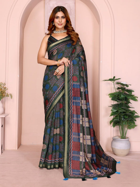 Dark Green Multicolor Checkered Black Chanderi