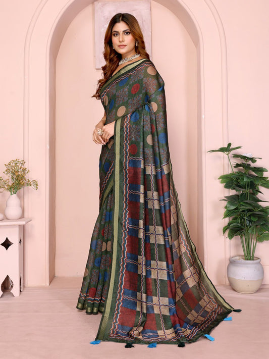 Dark Green Multicolor Checkered Black Chanderi
