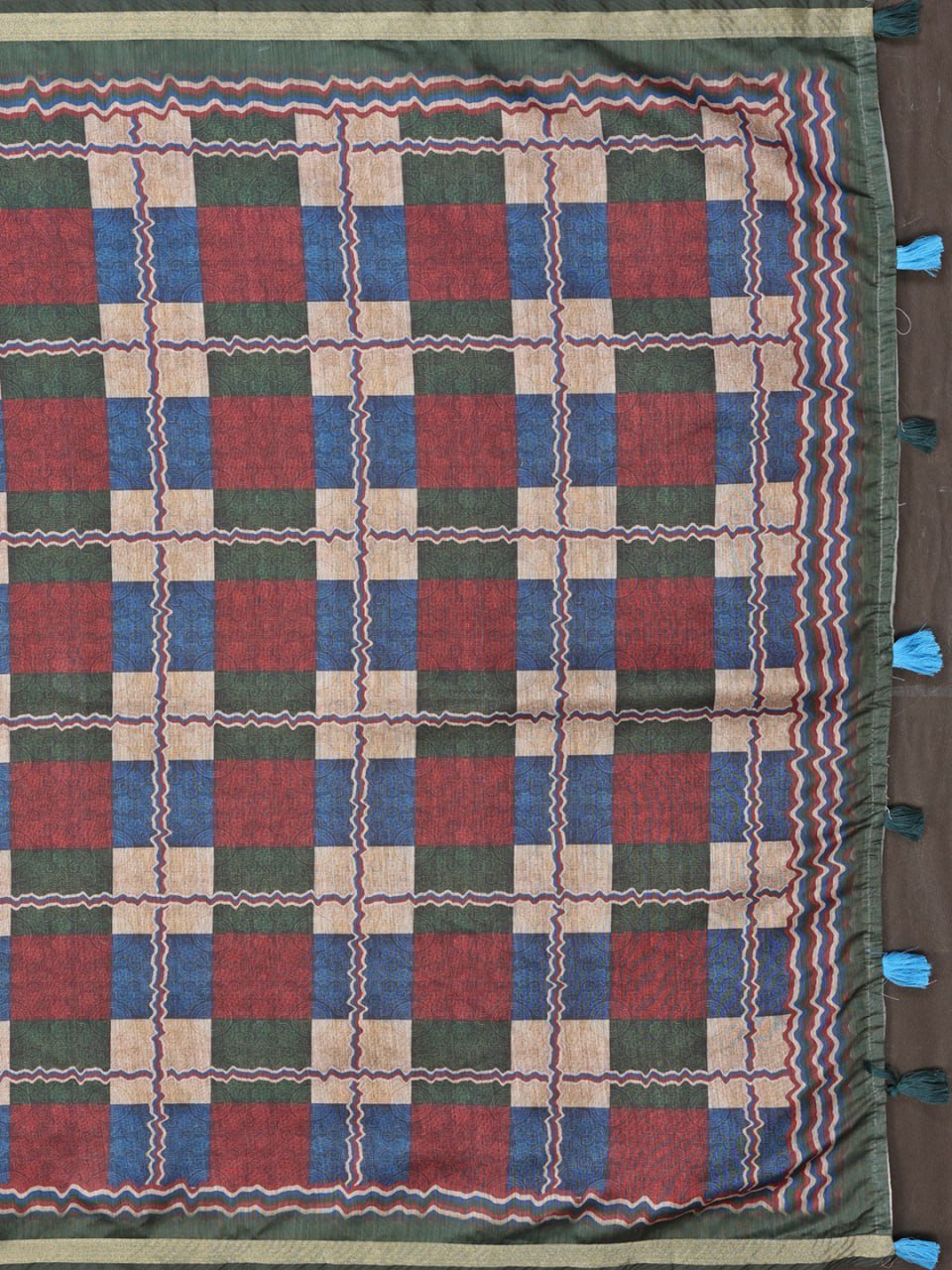 Dark Green Multicolor Checkered Black Chanderi