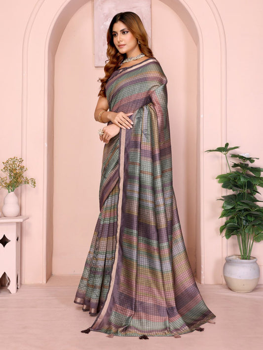 Pastel Multicolor Checked Black Chanderi Saree