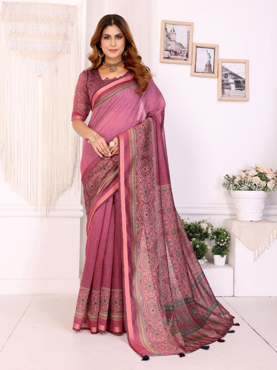 Rosewood Elegance Chanderi Saree with Ethnic