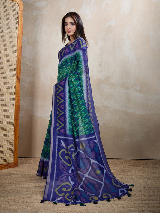Blue & Green Ikat Printed Chanderi Saree
