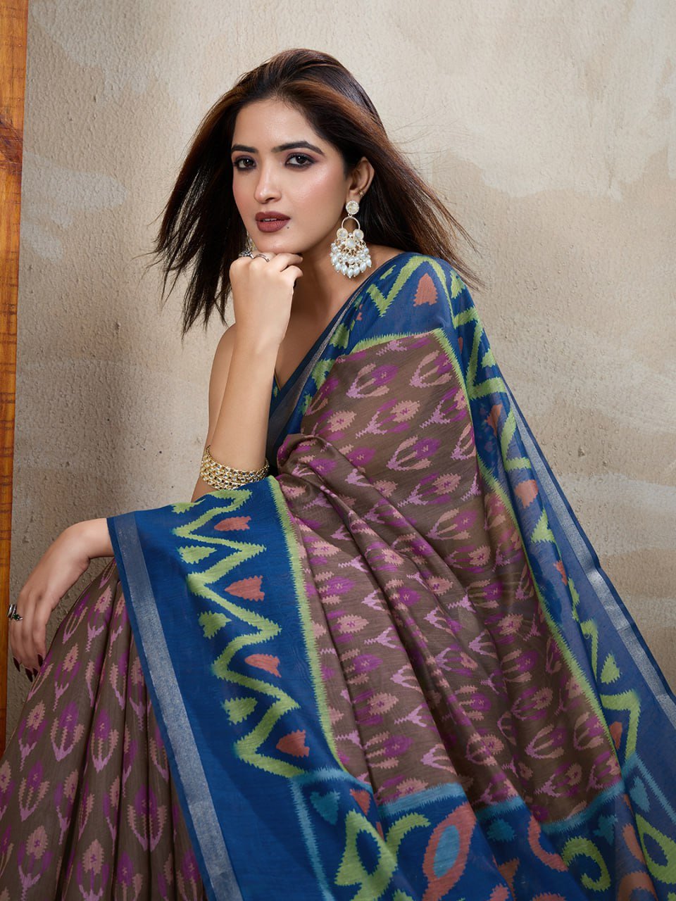 Brown & Blue Ikat Printed Chanderi Saree