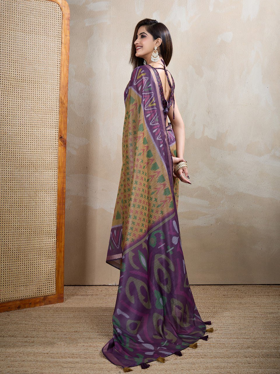 Olive & Purple Ikat Printed Chanderi Saree
