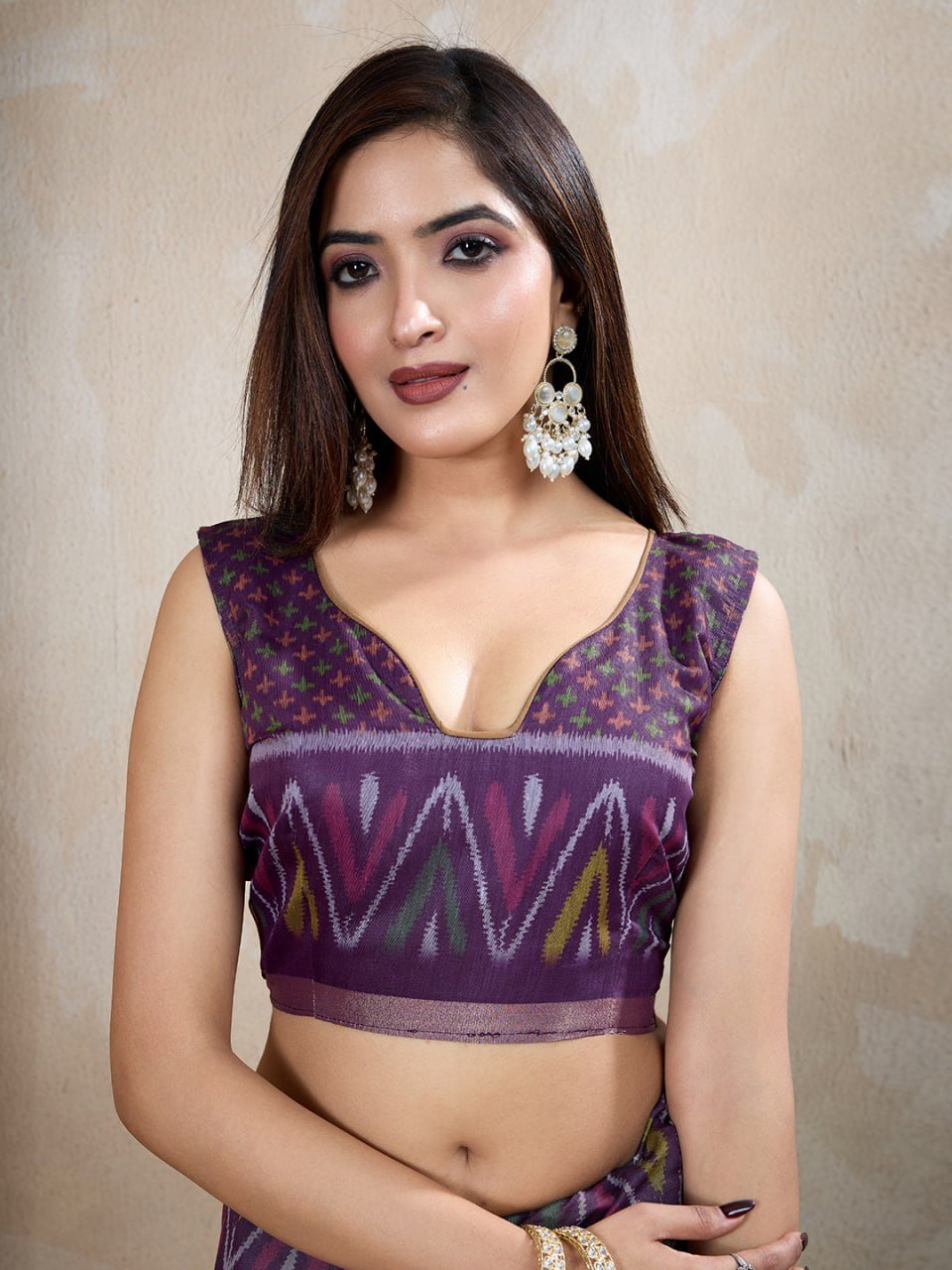 Olive & Purple Ikat Printed Chanderi Saree