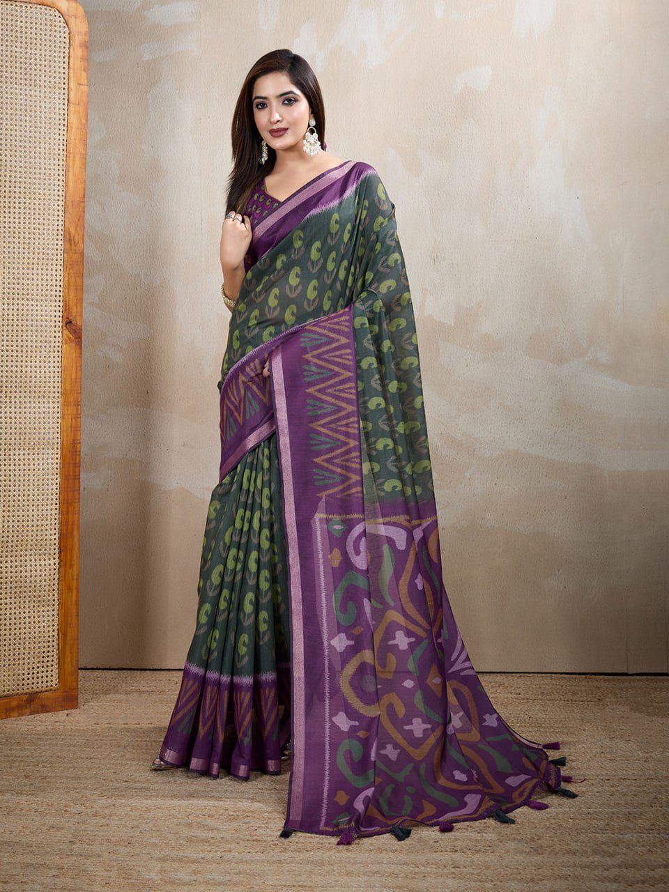 Dark Green & Purple Ikat Printed Chanderi Saree