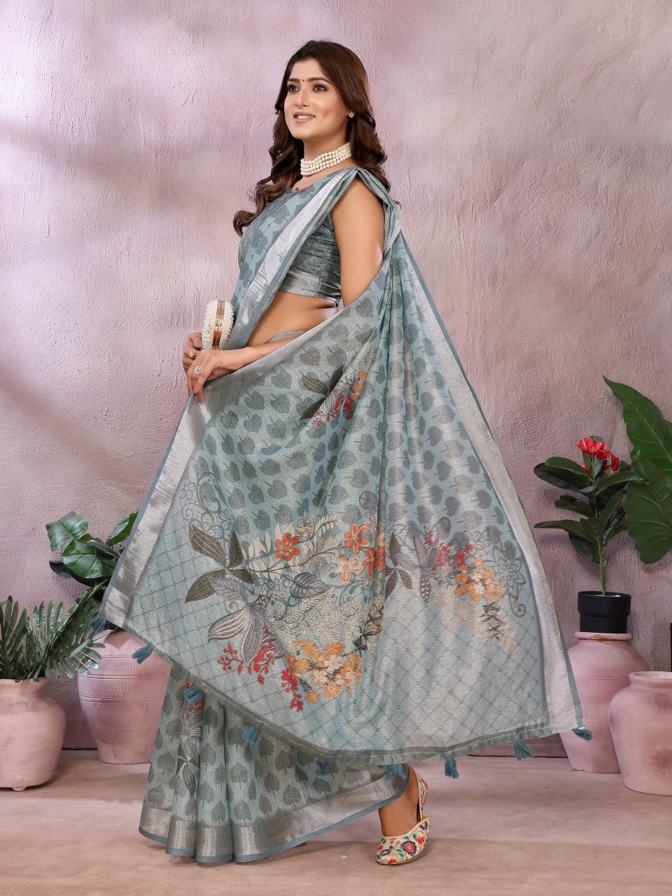 Greyish Blue Woven Floral Saree