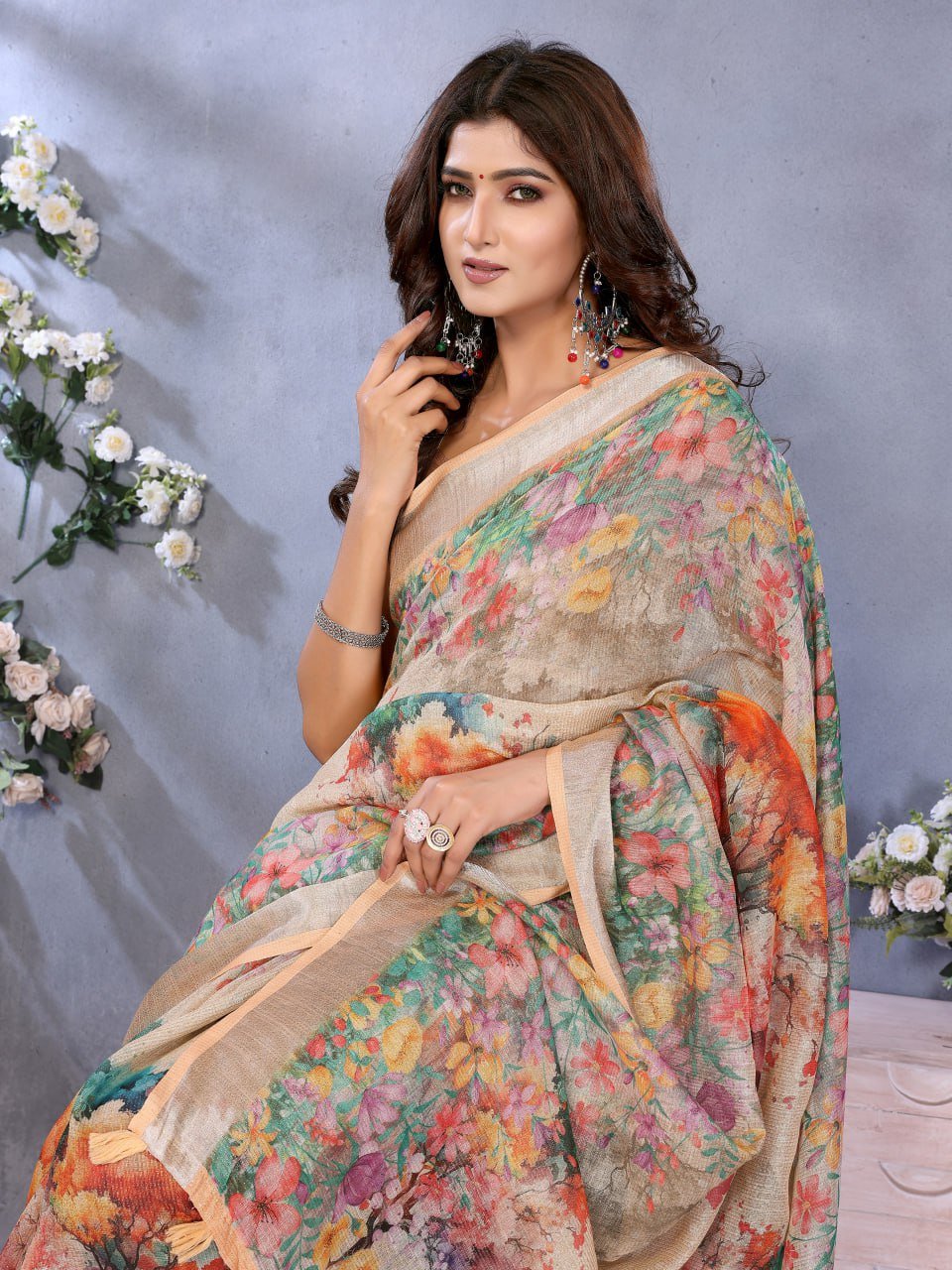 Beige Multicolor Floral Printed Saree