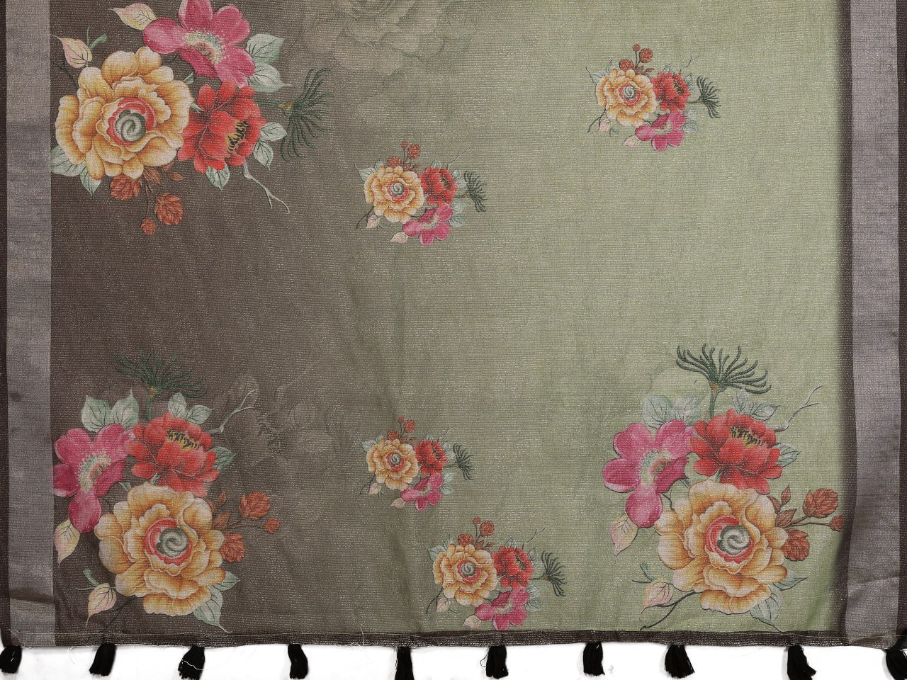 Olive Green & Black Floral Printed Saree