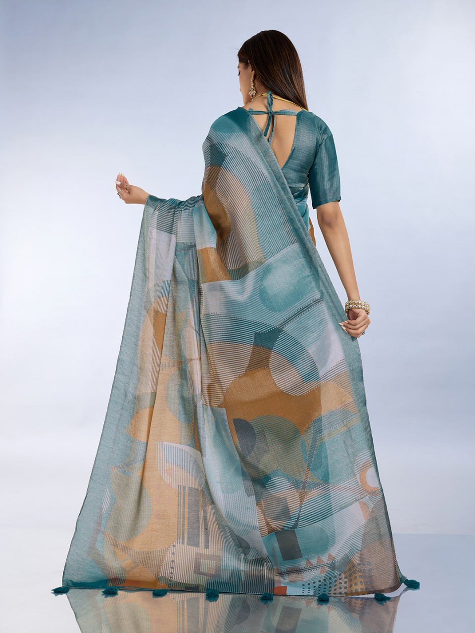 Teal Geometric Printed Saree