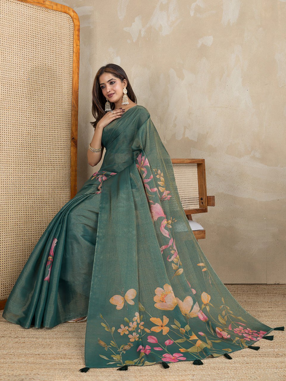 Teal Green Floral Printed Erode Anmol Silk Saree