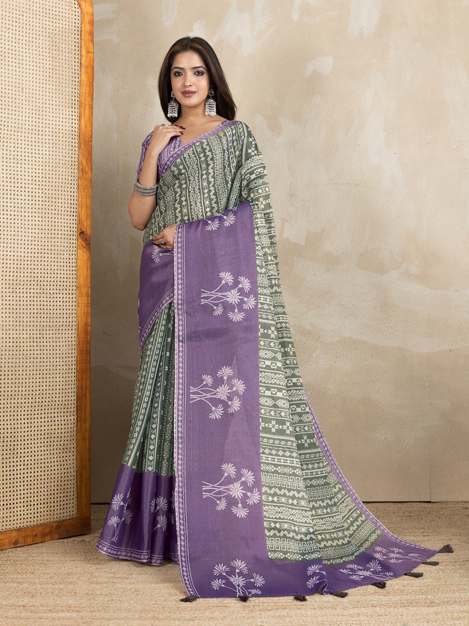 Stylish Purple & Green Printed Silk Saree