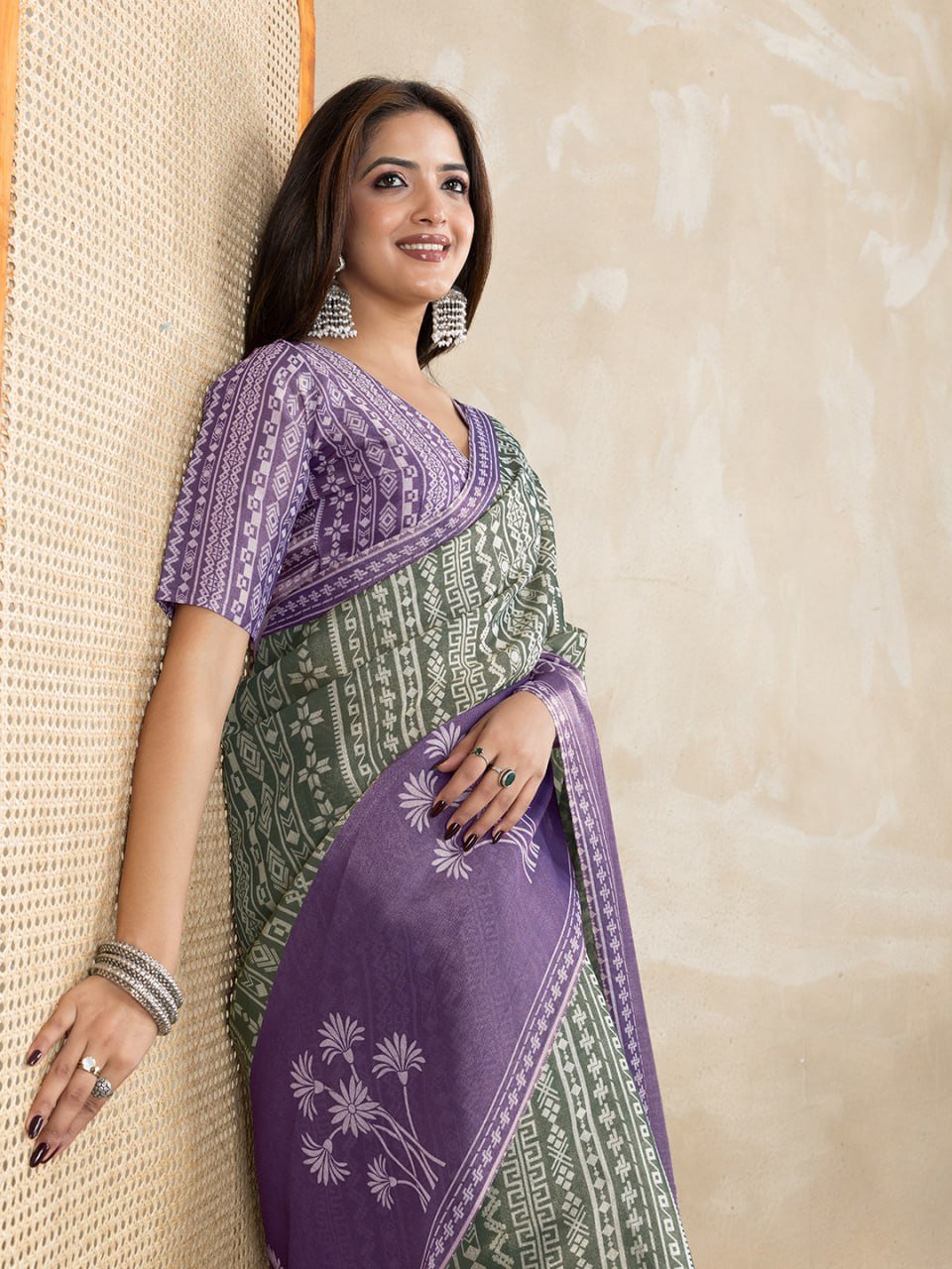 Stylish Purple & Green Printed Silk Saree