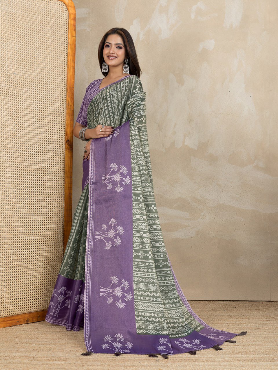 Stylish Purple & Green Printed Silk Saree