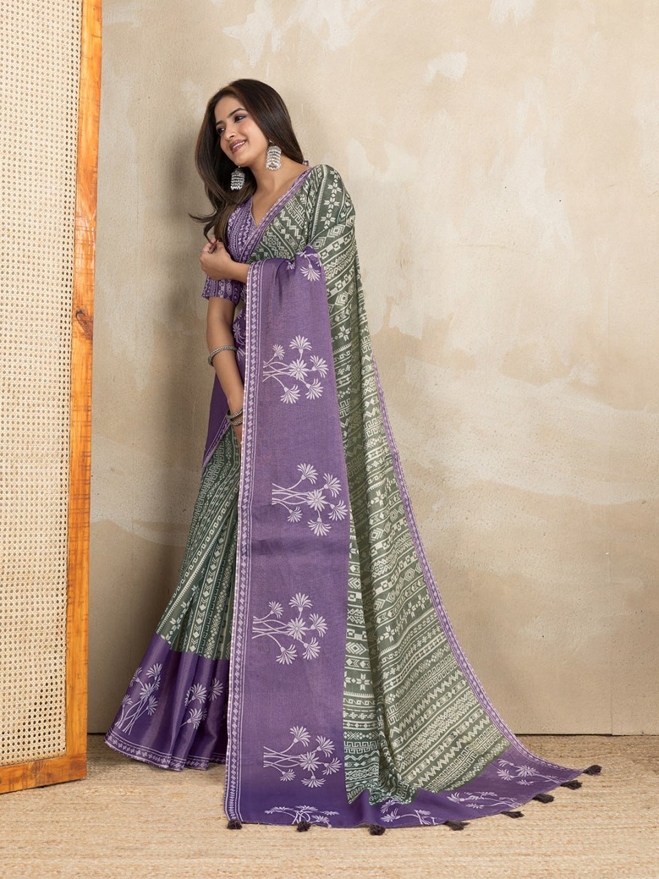Stylish Purple & Green Printed Silk Saree