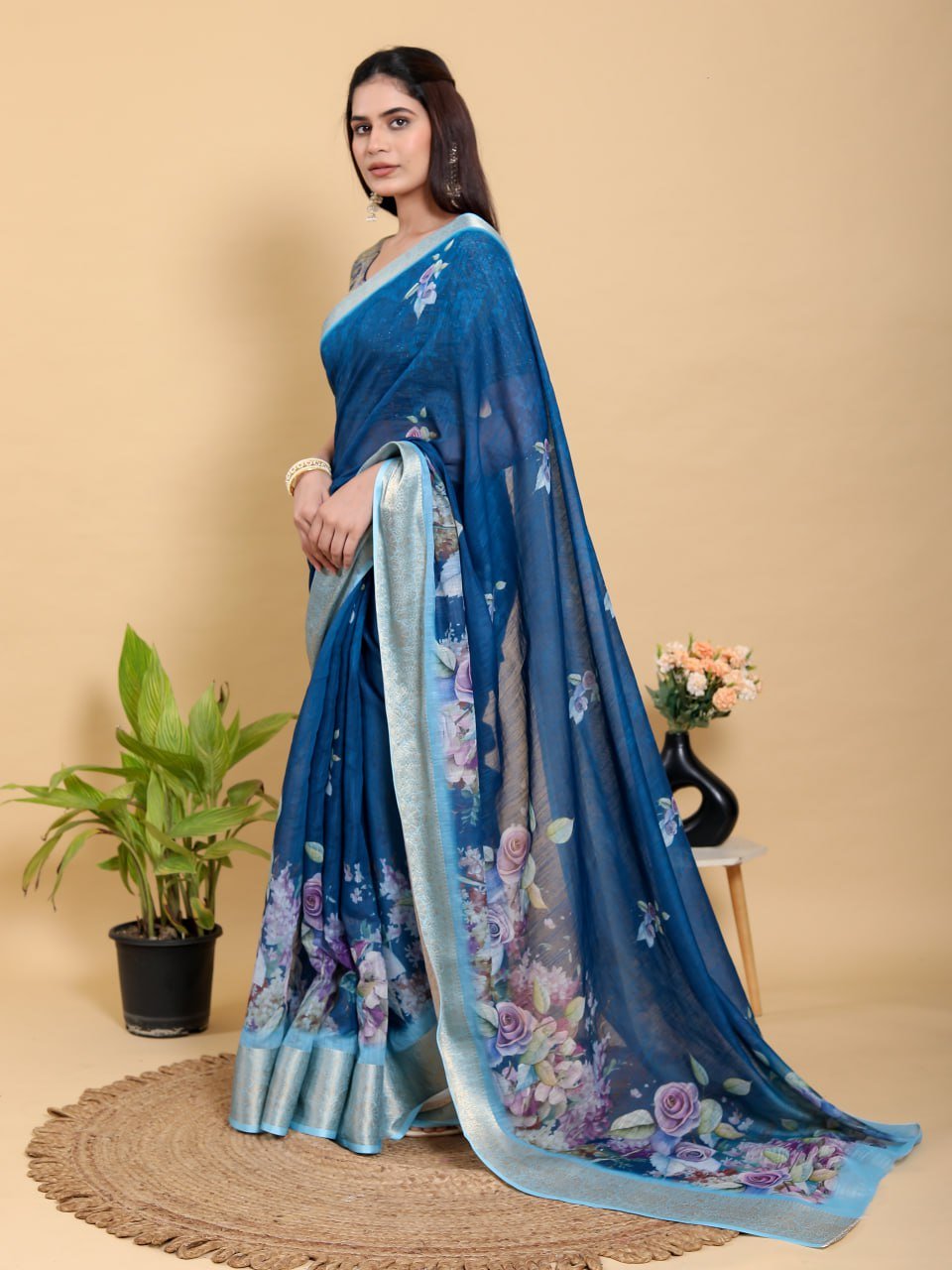 Deep Blue Floral Print Linen Cotton Saree