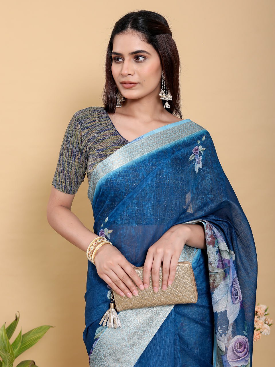 Deep Blue Floral Print Linen Cotton Saree