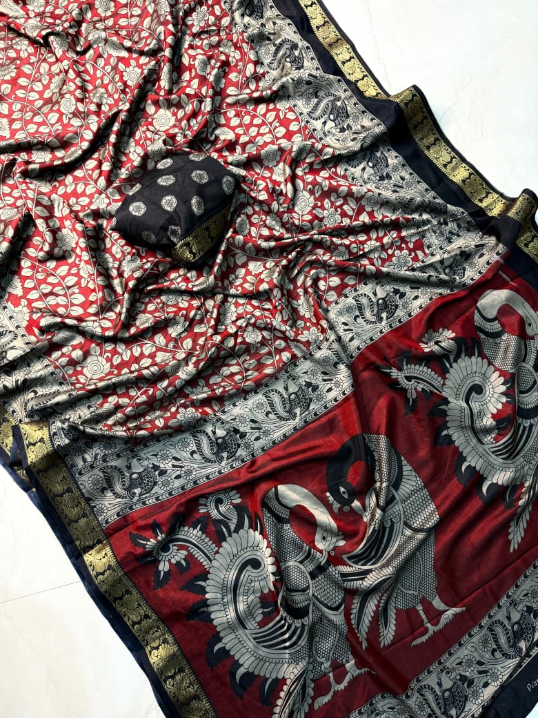 Soft Black Dola Silk Kalamkari Saree