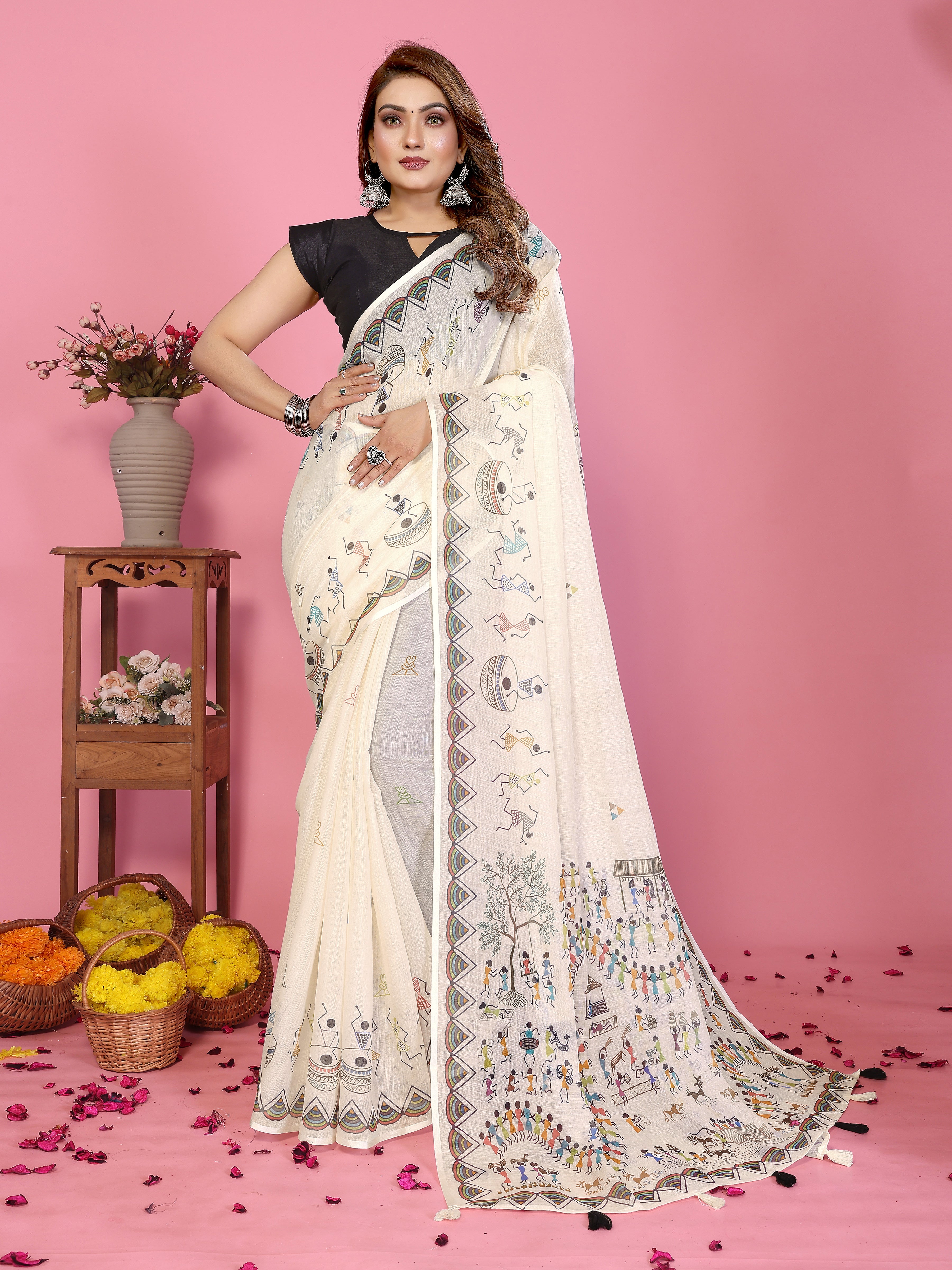 Premium Soft Linen Cotton Printed Saree with Tassels