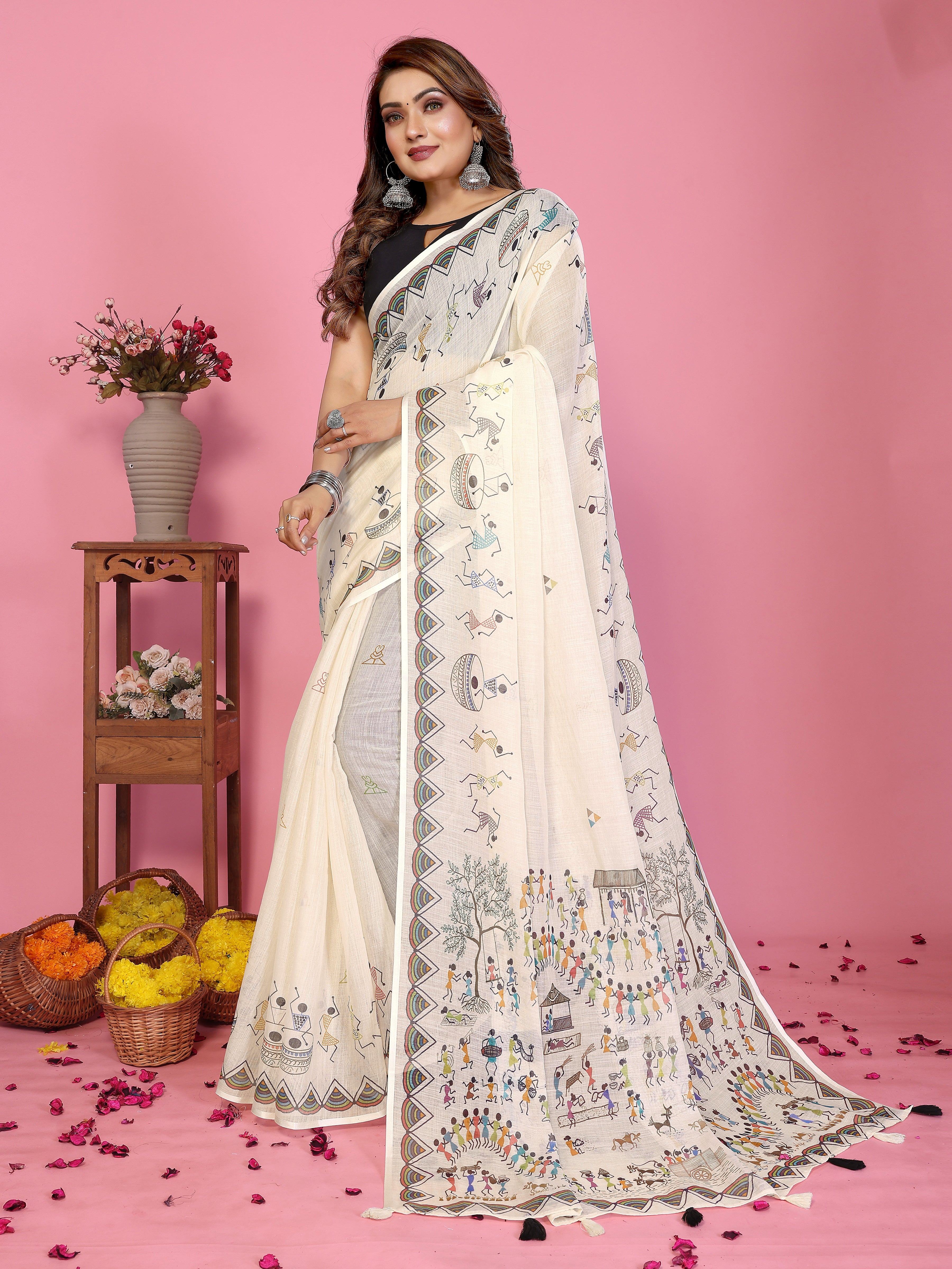 Premium Soft Linen Cotton Printed Saree with Tassels