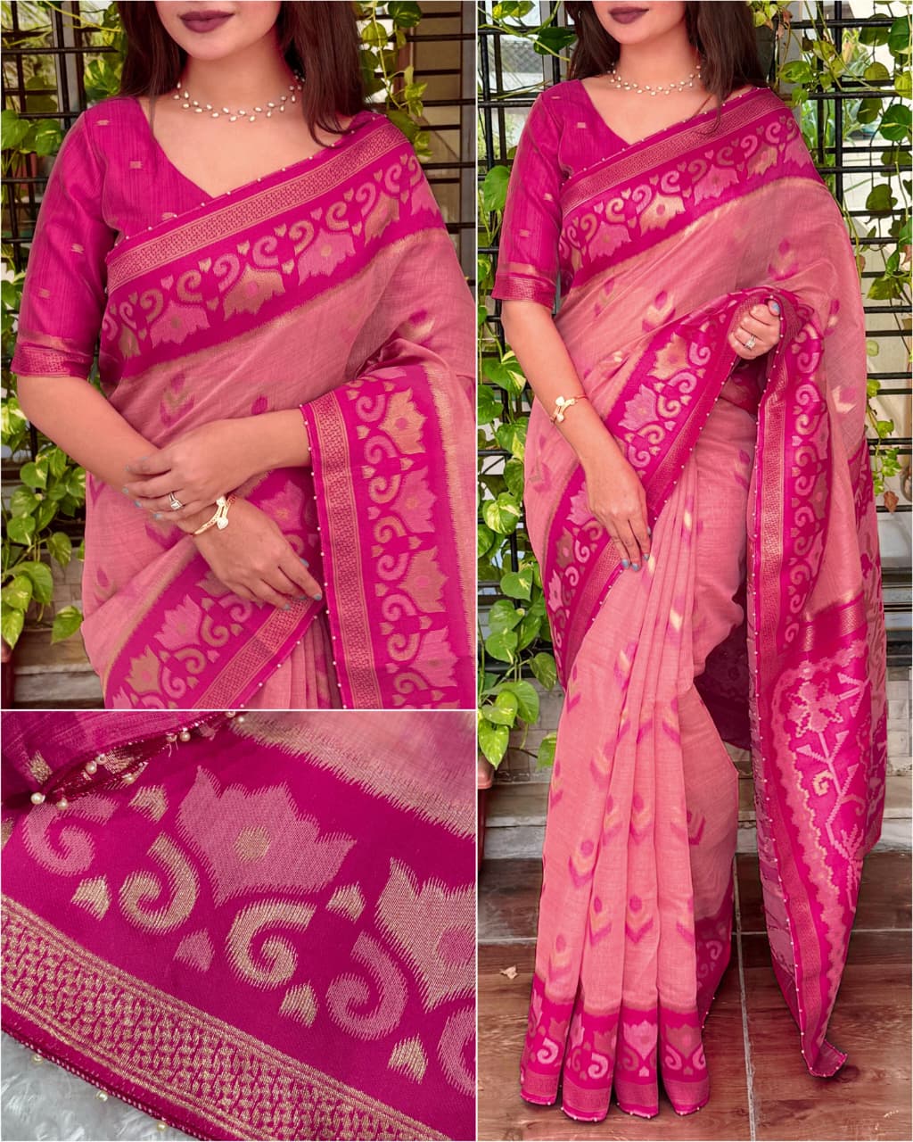 Designer Linen Cotton Saree with Motif Weaving, Zari Border & Pearl Work