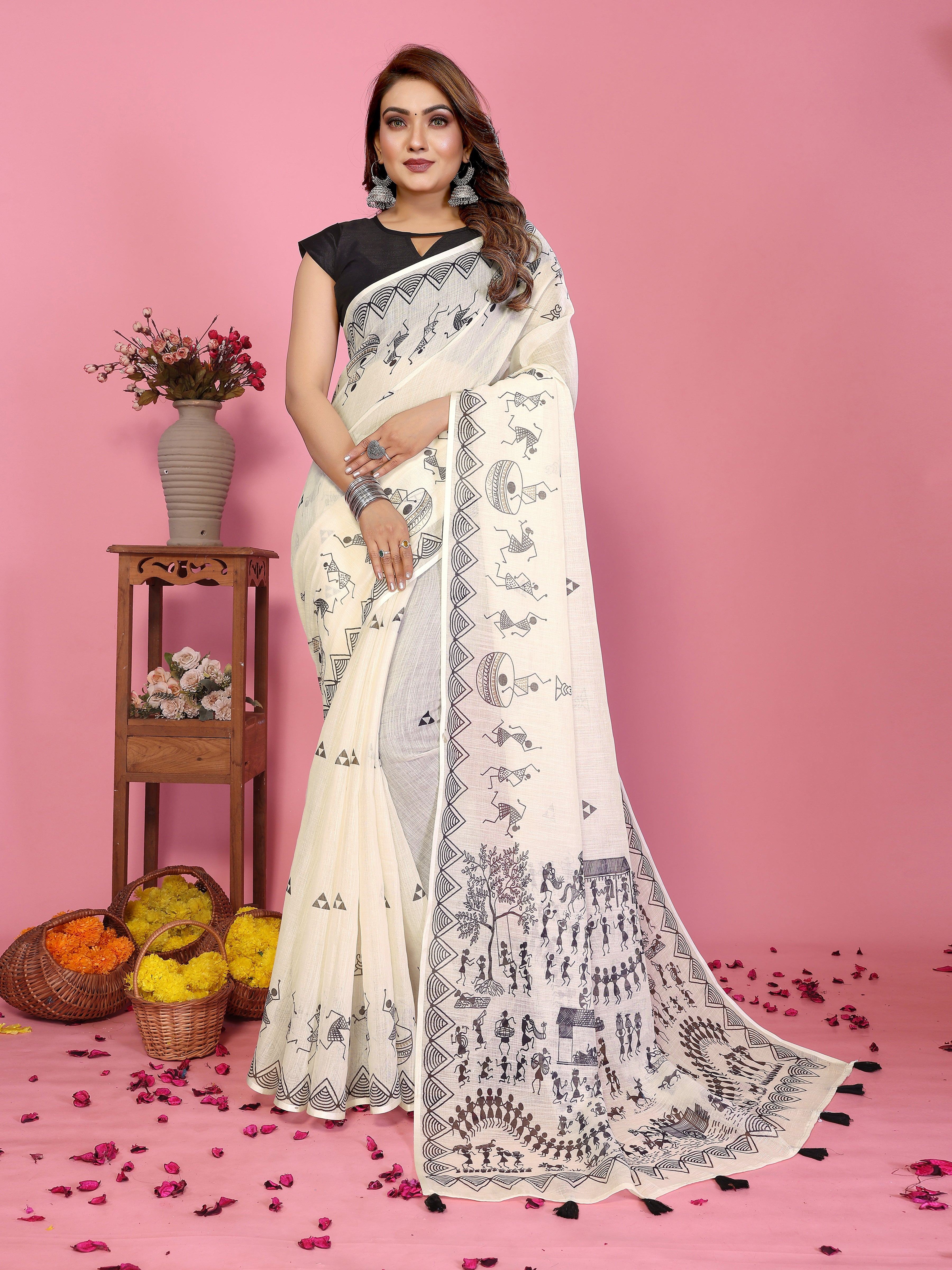 Elegant Linen Cotton Tassel Saree