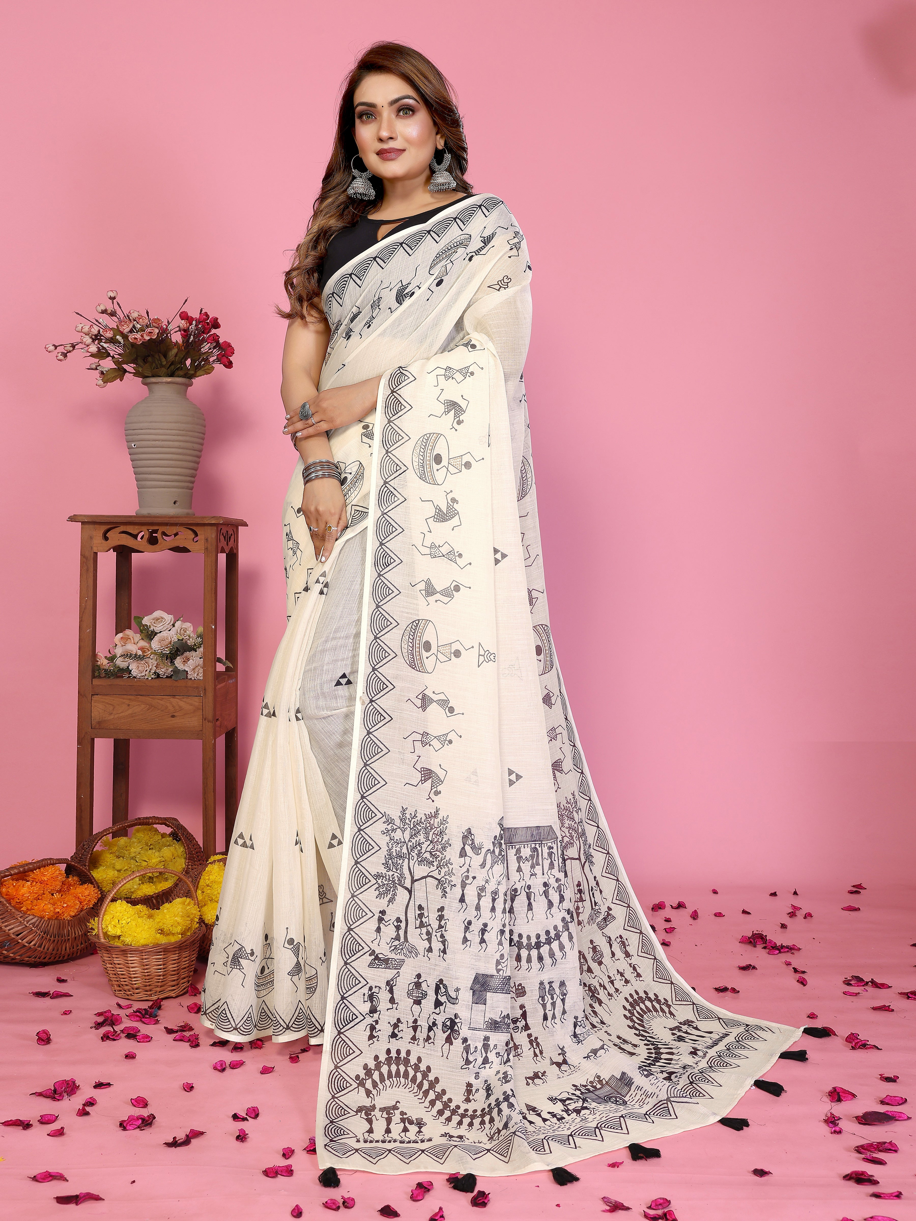 Elegant Linen Cotton Tassel Saree