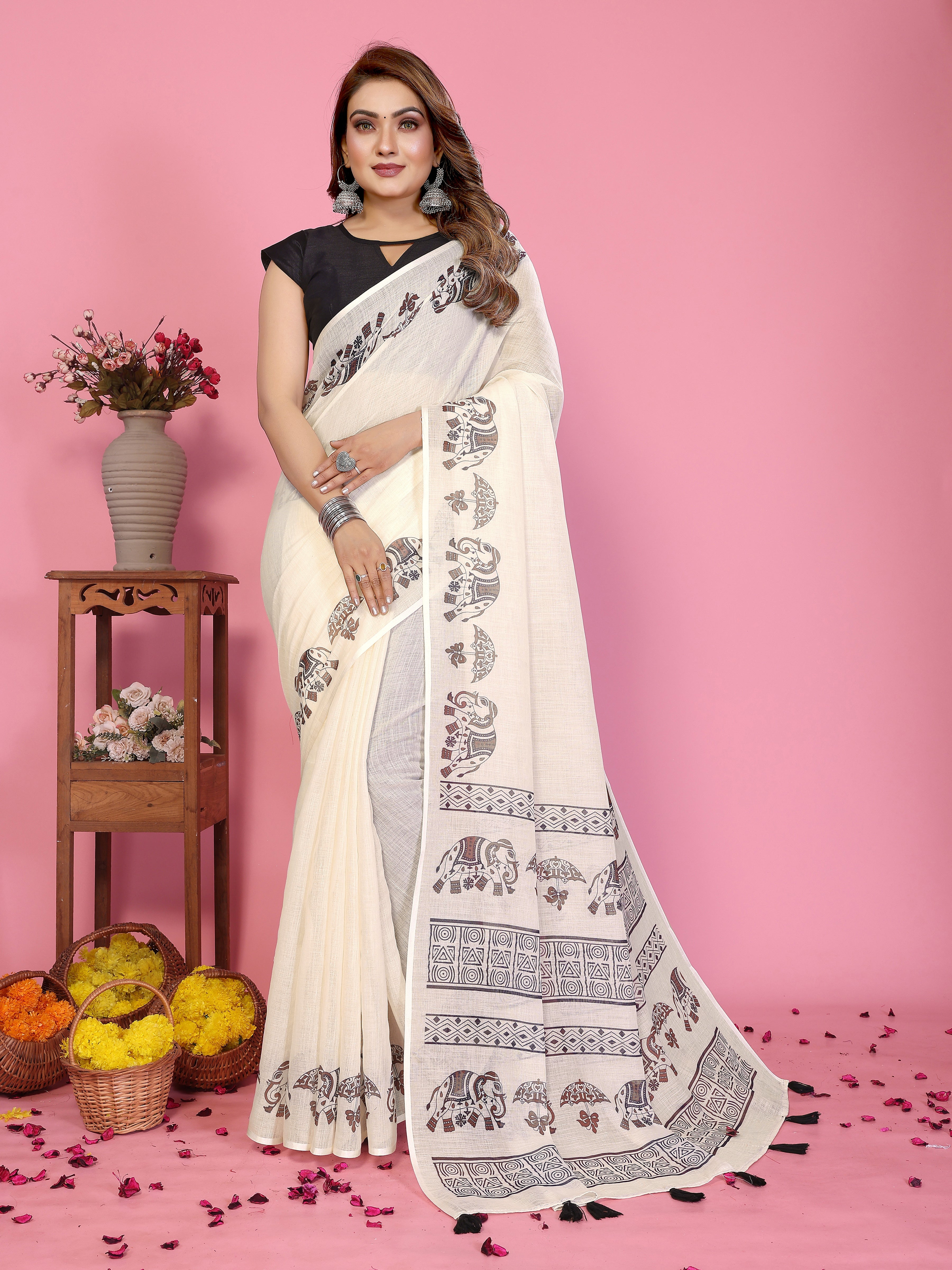 Graceful Printed Linen Cotton Saree