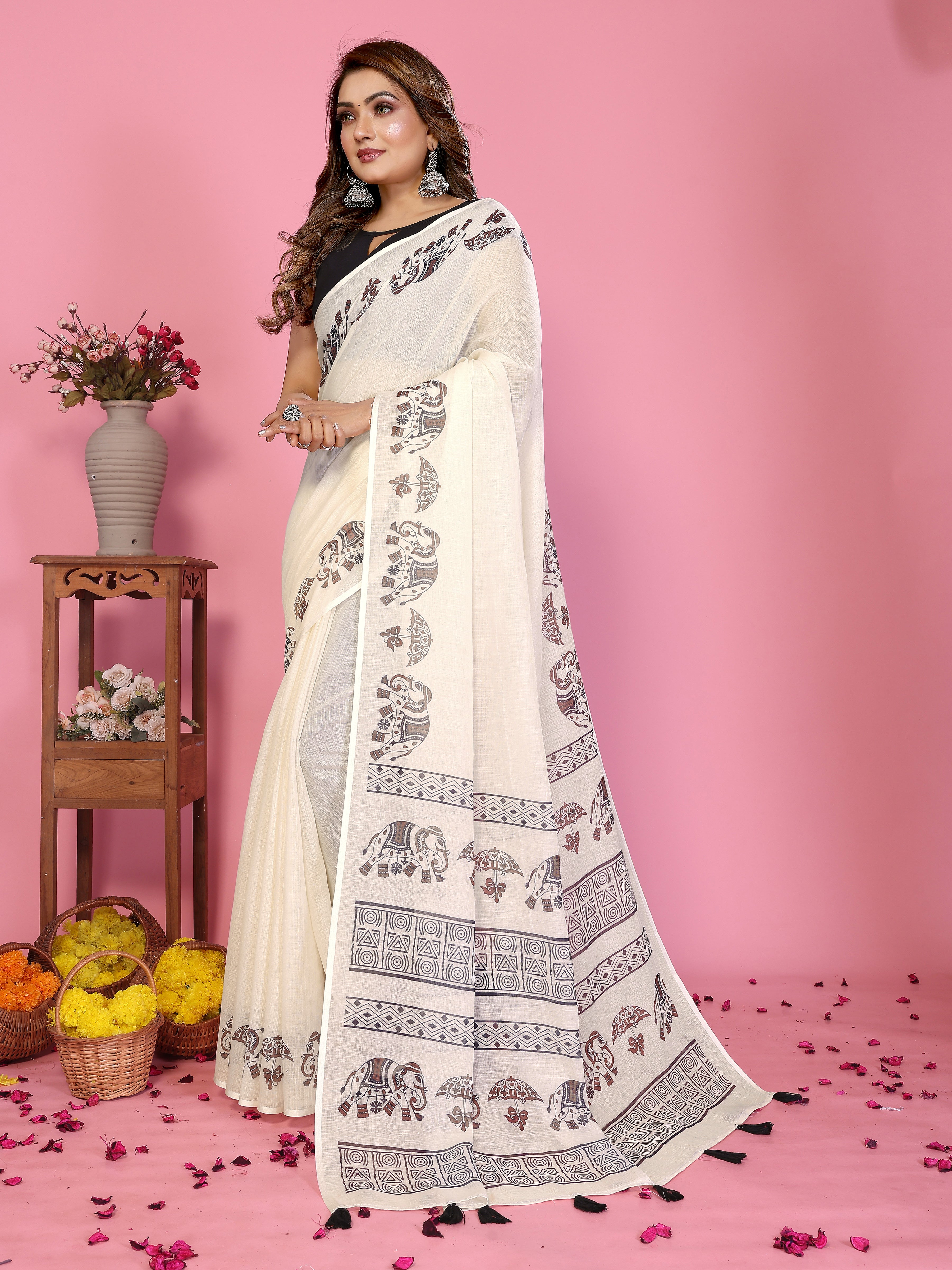 Graceful Printed Linen Cotton Saree